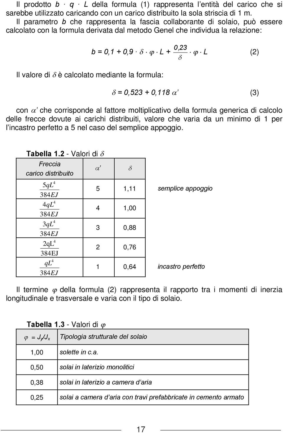 calcolato mediante la formula: = 0,5 + 0,118 () con che corrisponde al fattore moltiplicativo della formula generica di calcolo delle frecce dovute ai carichi distribuiti, valore che varia da un