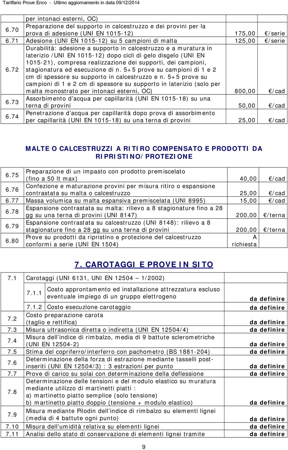 72 Durabilità: adesione a supporto in calcestruzzo e a muratura in laterizio /UNI EN 1015-12) dopo cicli di gelo disgelo (UNI EN 1015-21), compresa realizzazione dei supporti, dei campioni,