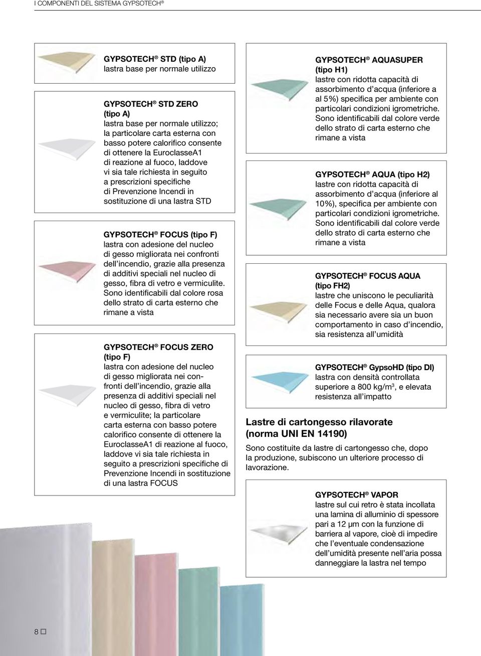 GYPSOTECH FOCUS (tipo F) lastra con adesione del nucleo di gesso migliorata nei confronti dell incendio, grazie alla presenza di additivi speciali nel nucleo di gesso, fibra di vetro e vermiculite.