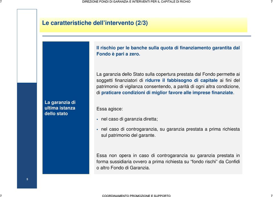 La garanzia dello Stato sulla copertura prestata dal Fondo permette ai soggetti finanziatori di ridurre il fabbisogno di capitale ai fini del patrimonio di vigilanza consentendo, a parità di ogni