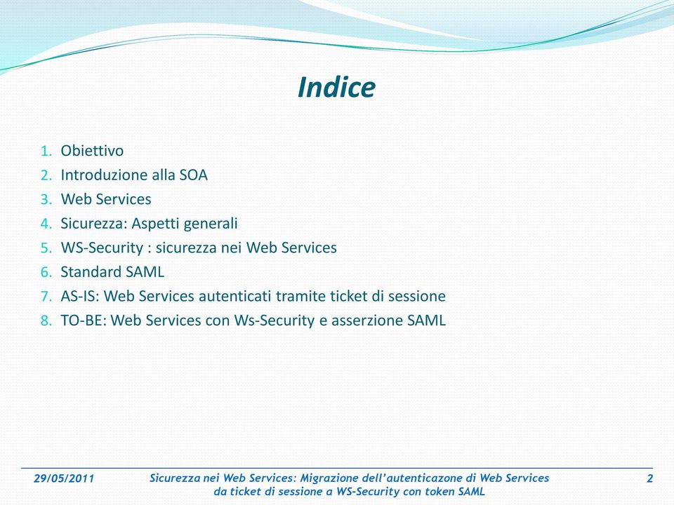 WS-Security : sicurezza nei Web Services 6. Standard SAML 7.