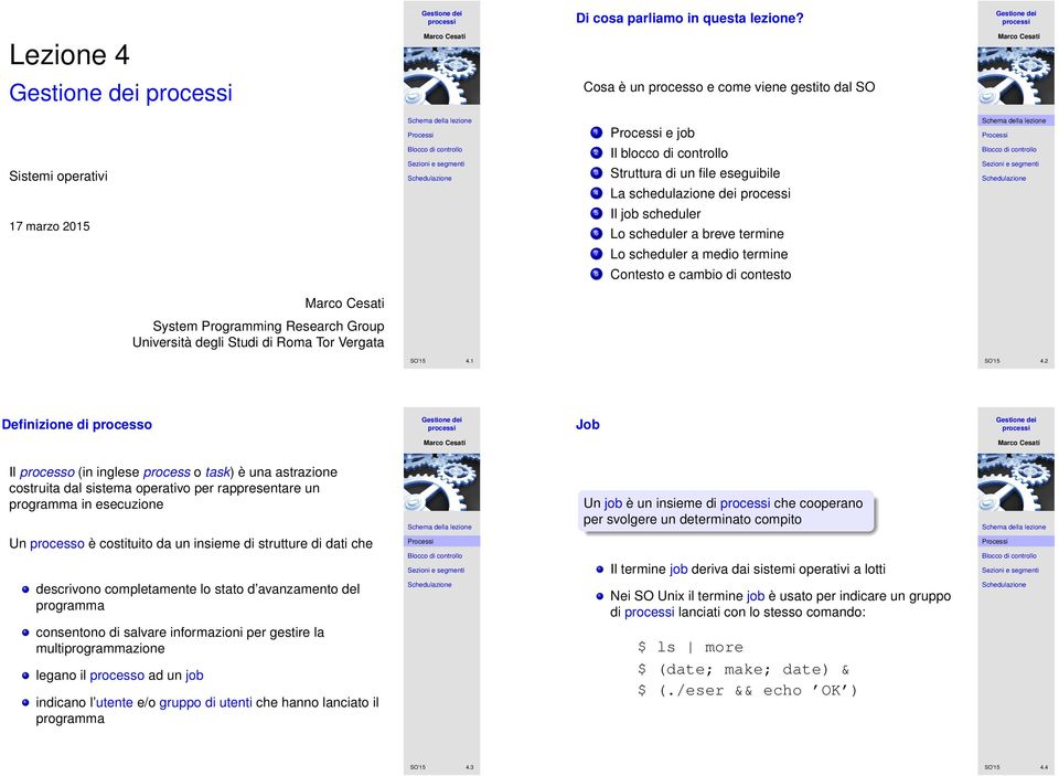 Lo scheduler a breve termine 7 Lo scheduler a medio termine 8 Contesto e cambio di contesto System Programming Research Group Università degli Studi di Roma Tor Vergata SO 15 4.1 SO 15 4.