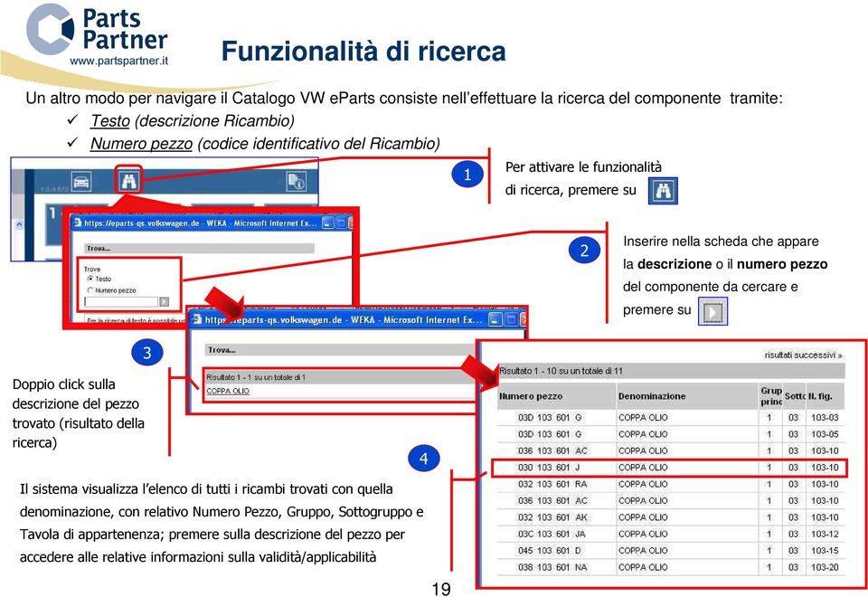 cercare e premere su 3 Doppio click sulla descrizione del pezzo trovato (risultato della ricerca) 4 Il sistema visualizza l elenco di tutti i ricambi trovati con quella