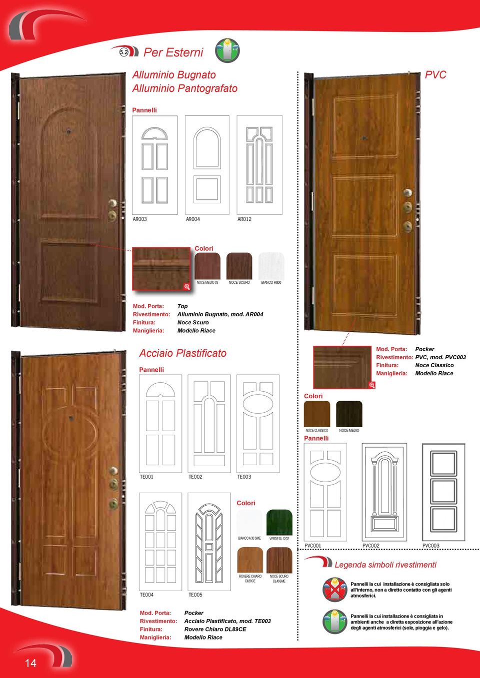 PVC003 Finitura: Noce Classico Maniglieria: Modello Riace Acciaio Plastificato Pannelli Colori NOCE CLASSICO NOCE MEDIO Pannelli TE001 TE002 TE003 Colori BIANCO A 30 SME VERDE DL 12CE PVC001 PVC002