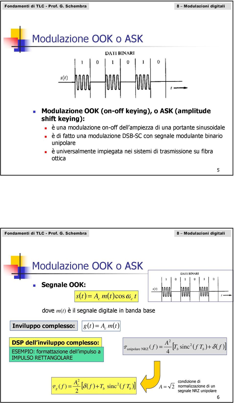 DSB-SC on segnale modulante inario unipolare è universalmente impiegata nei sistemi di trasmissione su fira ottia 5  Shemra Modulazione OOK o ASK Segnale OOK: s( t) = A m( t) osω t dove