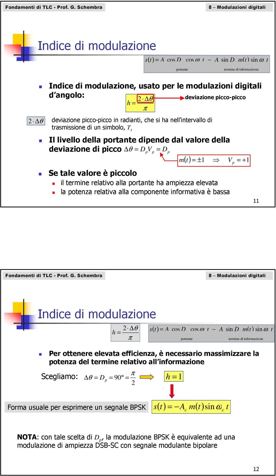 angolo: θ h = deviazione pio-pio π θ deviazione pio-pio in radianti, he si ha nell intervallo di trasmissione di un simolo, T s Il livello della portante dipende dal valore della deviazione di pio θ