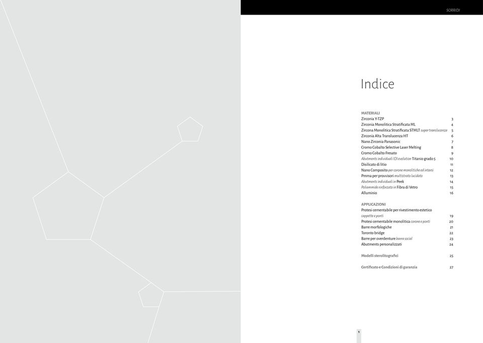 per provvisori multistrato lucidato 13 Abutments individuali in Peek 14 Poliammide rinforzato in Fibra di Vetro 15 Alluminio 16 APPLICAZIONI Protesi cementabile per rivestimento estetico cappette e