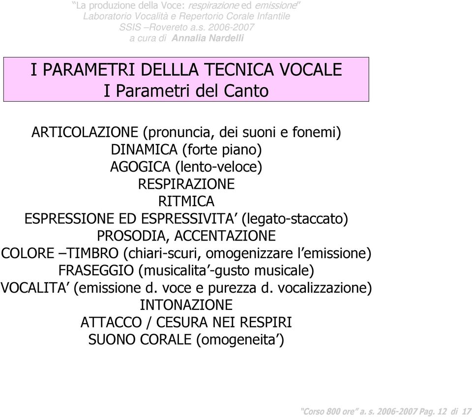 TIMBRO (chiari-scuri, omogenizzare l emissione) FRASEGGIO (musicalita -gusto musicale) VOCALITA (emissione d.