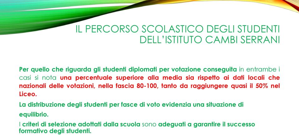 locali che nazionali delle votazioni, nella fascia 80-100, tanto da raggiungere quasi il 50% nel Liceo.