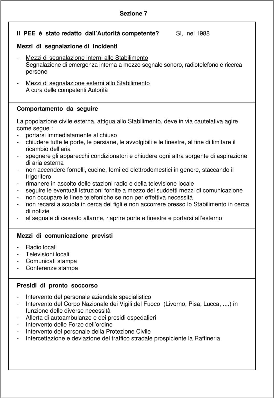 segnalazione esterni allo Stabilimento A cura delle competenti Autorità Comportamento da seguire La popolazione civile esterna, attigua allo Stabilimento, deve in via cautelativa agire come segue : -