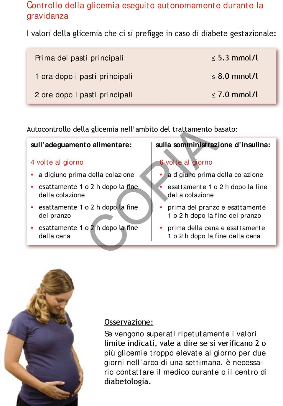 0 mmol/l Autocontrollo della glicemia nell ambito del trattamento basato: sull adeguamento alimentare: 4 volte al giorno a digiuno prima della colazione della colazione del pranzo della cena sulla