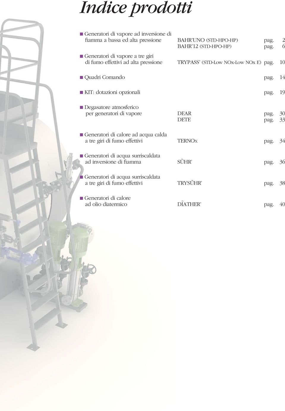 19 Degasatore atmosferico per generatori di vapore DEAR pag. 30 DETE pag. 33 Generatori di calore ad acqua calda a tre giri di fumo effettivi TERNOX pag.