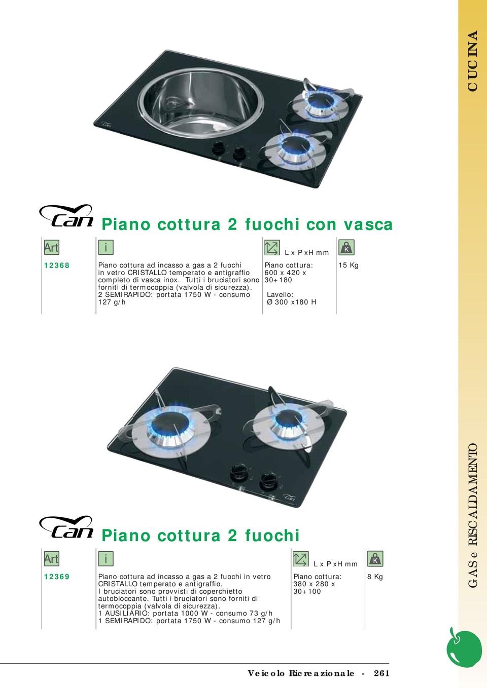 2 SEMIRAPIDO: portata 1750 W - consumo 127 g/h L x P xh mm Piano cottura: 600 x 420 x 30+180 Lavello: Ø 300 x180 H 15 Kg Piano cottura 2 fuochi 12369 Piano cottura ad incasso a gas a 2 fuochi in