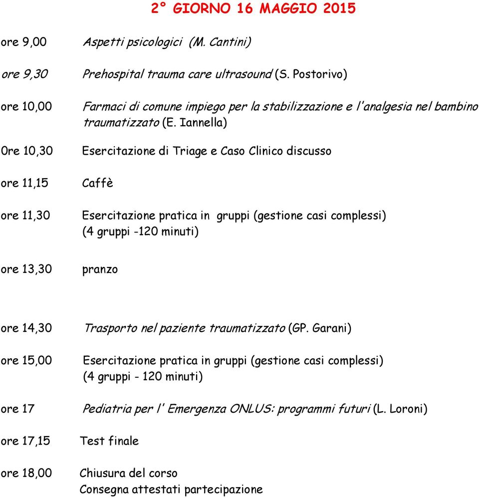 Iannella) Esercitazione di Triage e Caso Clinico discusso Caffè Esercitazione pratica in gruppi (gestione casi complessi) (4 gruppi -120 minuti) ore 13,30 pranzo ore 14,30 ore 15,00