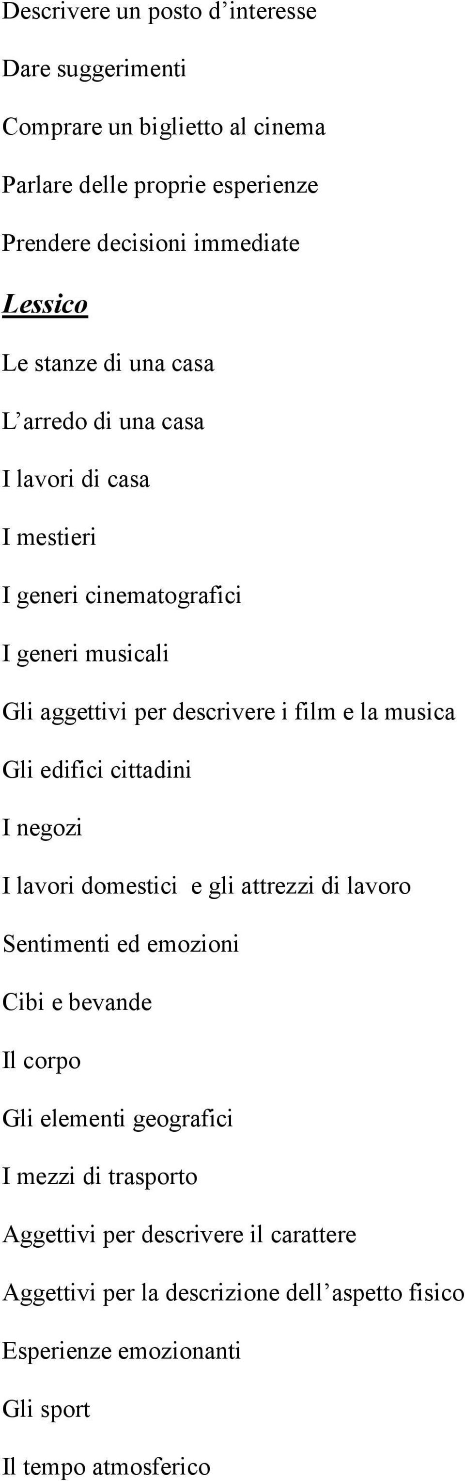 musica Gli edifici cittadini I negozi I lavori domestici e gli attrezzi di lavoro Sentimenti ed emozioni Cibi e bevande Il corpo Gli elementi geografici I