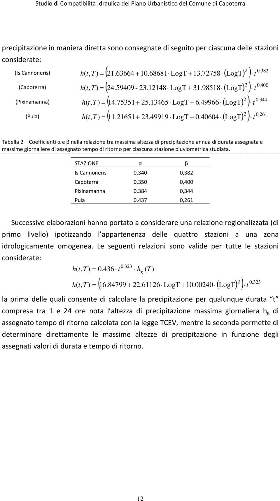 72758 LogT ( t (Capoterra) h t, T) ( t (Pixinamanna) h t, T) ( t (Pula) h t, T) ( t Tabella 2 Coefficienti α e β nella relazione tra massima altezza di precipitazione annua di durata assegnata e