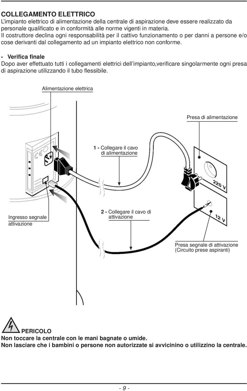 - Verifica finale Dopo aver effettuato tutti i collegamenti elettrici dell impianto,verificare singolarmente ogni presa di aspirazione utilizzando il tubo flessibile.