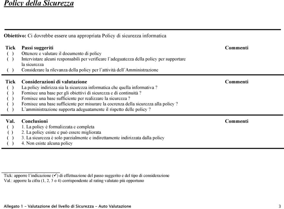 informativa? ( ) Fornisce una base per gli obiettivi di sicurezza e di continuità? ( ) Fornisce una base sufficiente per realizzare la sicurezza?