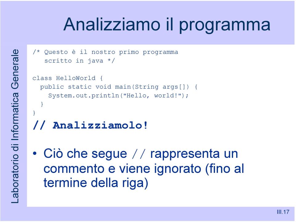 System.out.println("Hello, world!"); // Analizziamolo!