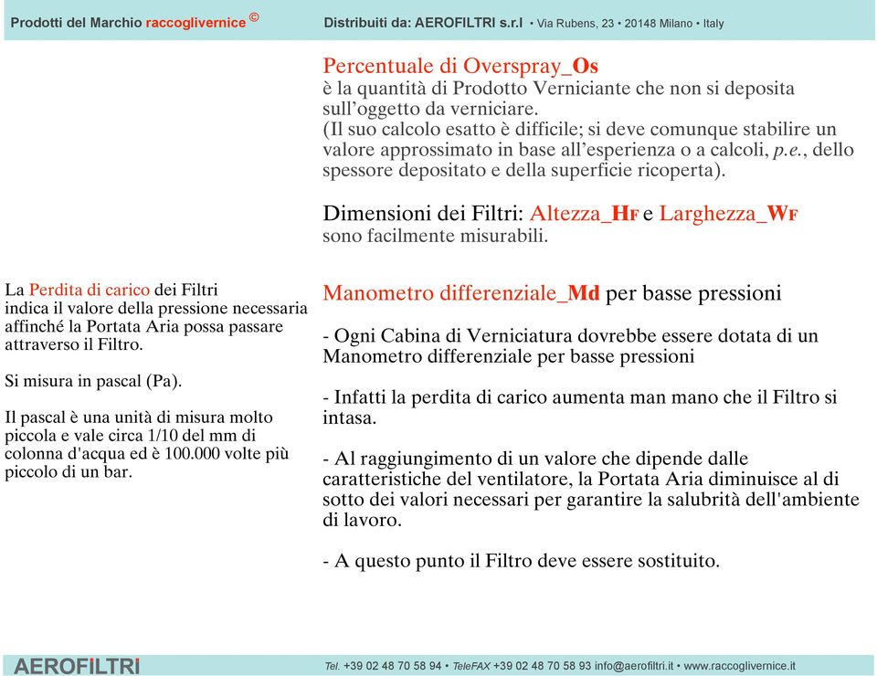 Dimensioni dei Filtri: Altezza_HF e Larghezza_WF sono facilmente misurabili.