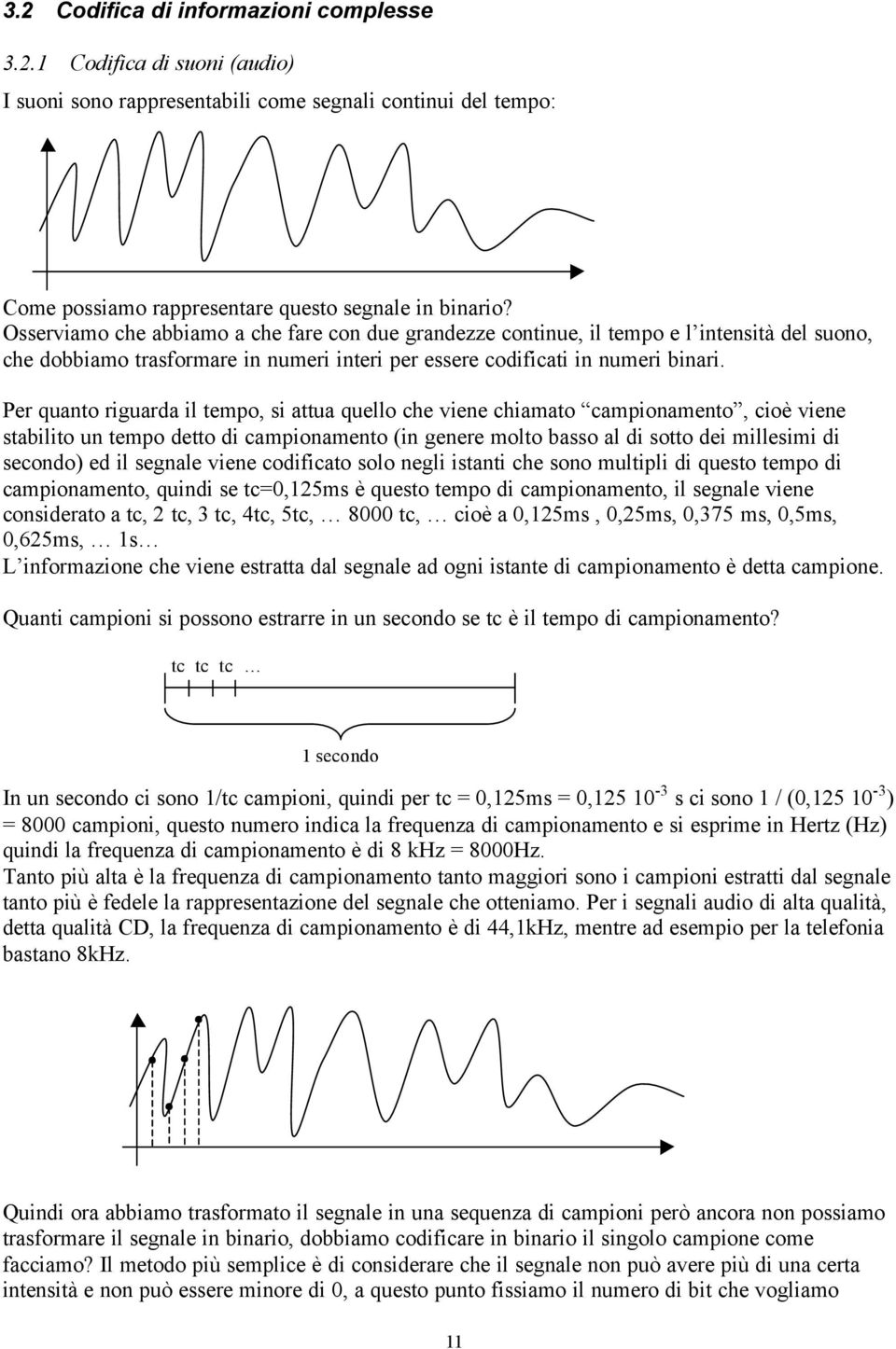 Per quanto riguarda il tempo, si attua quello che viene chiamato campionamento, cioè viene stabilito un tempo detto di campionamento (in genere molto basso al di sotto dei millesimi di secondo) ed il