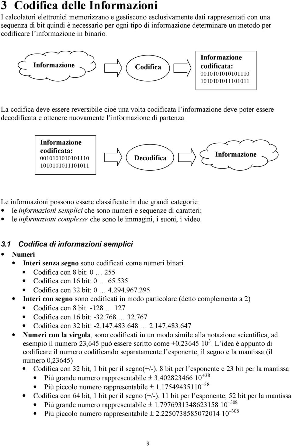 Informazione Codifica Informazione codificata: 0010101010101110 1010101011101011 La codifica deve essere reversibile cioè una volta codificata l informazione deve poter essere decodificata e ottenere