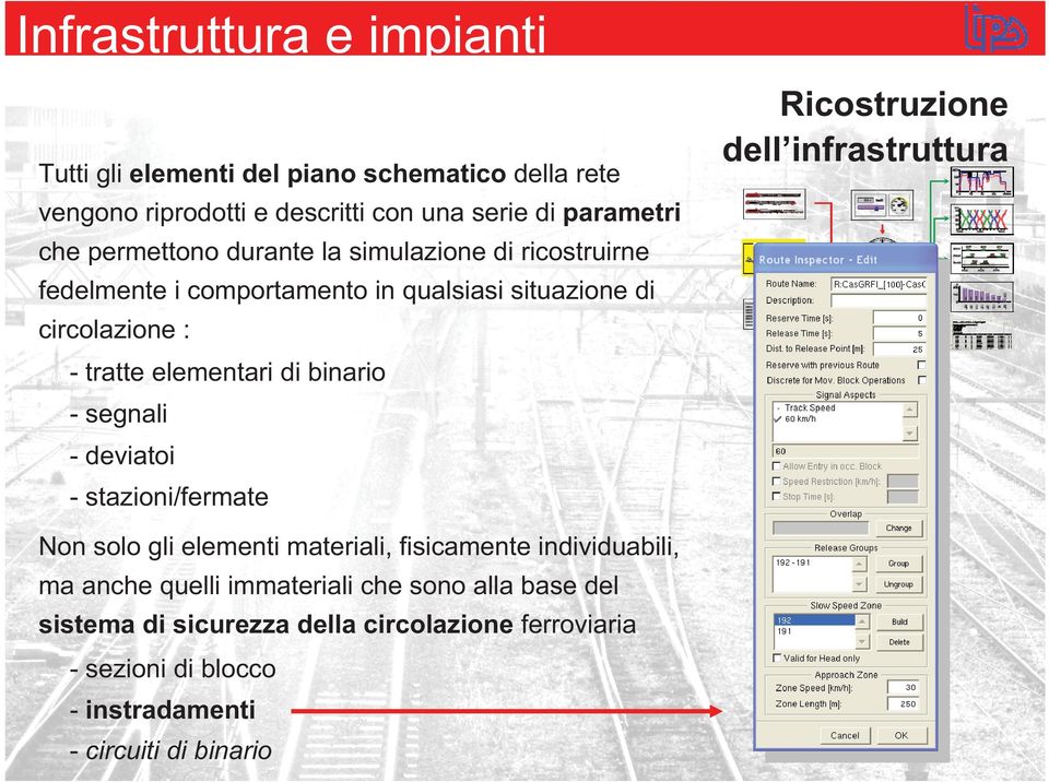 binario - segnali - deviatoi - stazioni/fermate Ricostruzione dell infrastruttura Non solo gli elementi materiali, fisicamente individuabili, ma