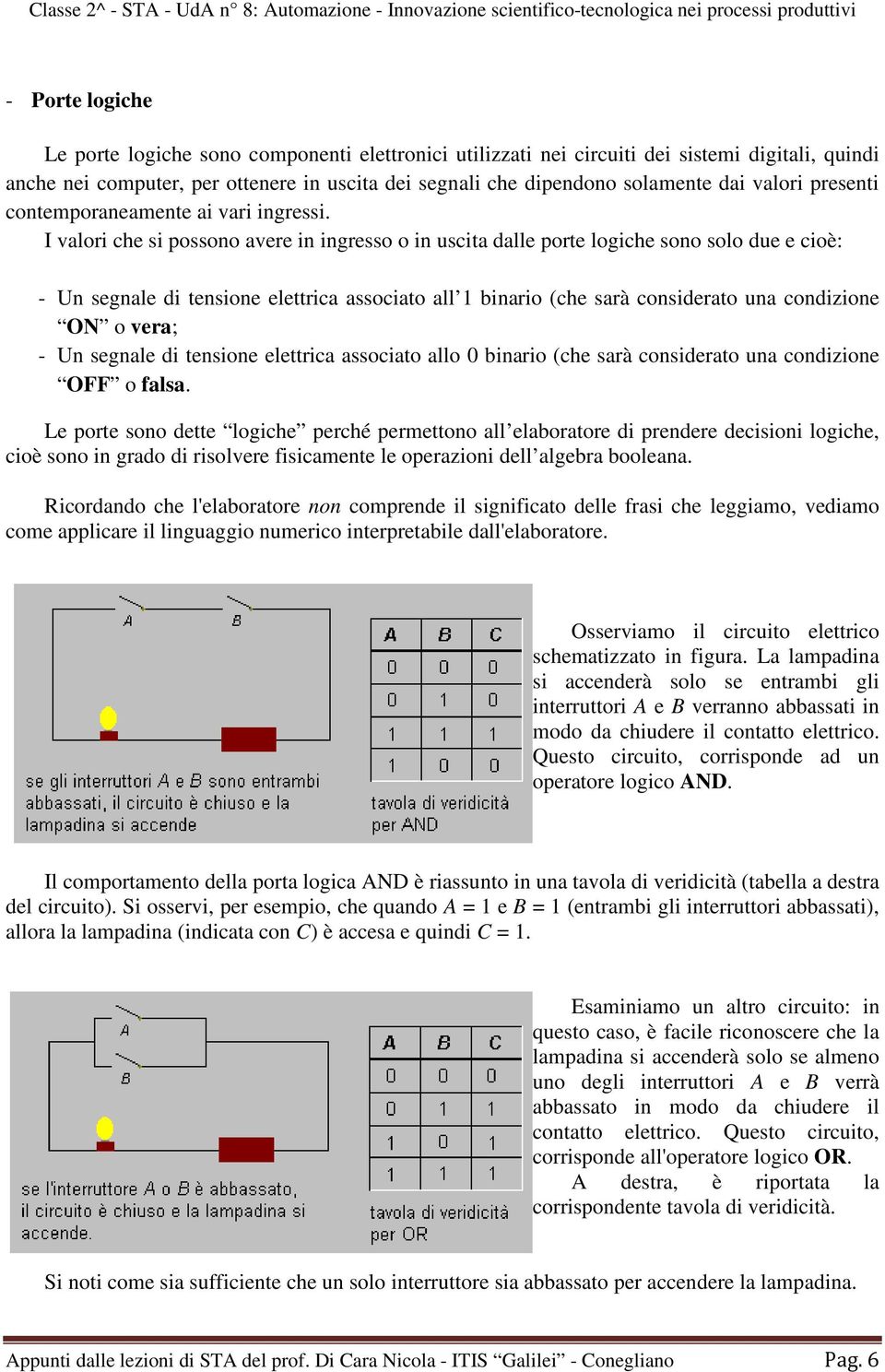 I valori che si possono avere in ingresso o in uscita dalle porte logiche sono solo due e cioè: - Un segnale di tensione elettrica associato all 1 binario (che sarà considerato una condizione ON o