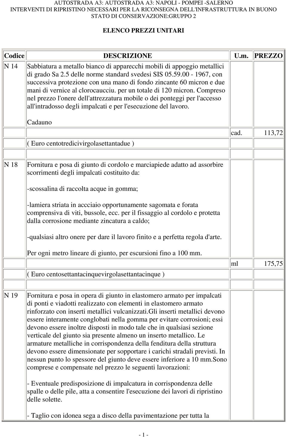 Compreso nel prezzo l'onere dell'attrezzatura mobile o dei ponteggi per l'accesso all'intradosso degli impalcati e per l'esecuzione del lavoro. Cadauno ( Euro centotredicivirgolasettantadue ) cad.