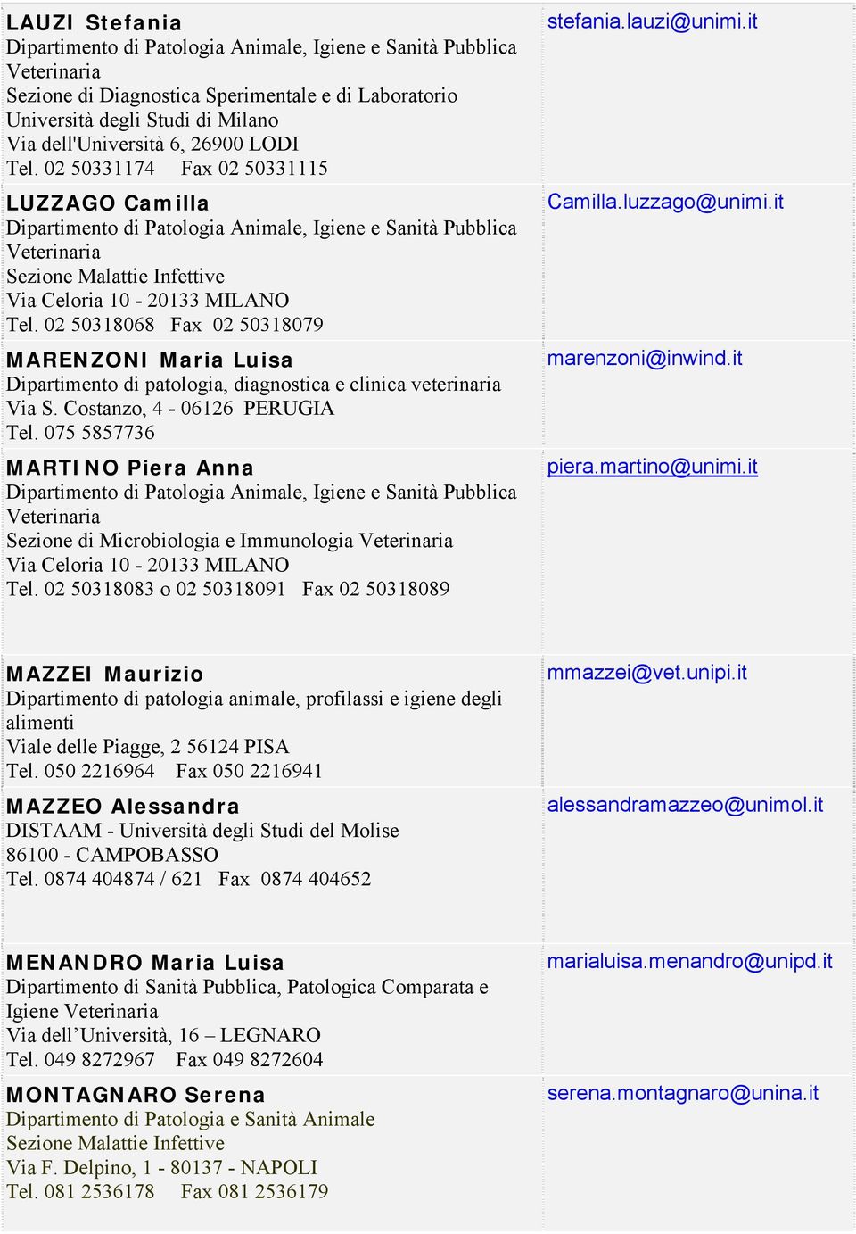 075 5857736 MARTINO Piera Anna Sezione di Microbiologia e Immunologia Tel. 02 50318083 o 02 50318091 Fax 02 50318089 stefania.lauzi@unimi.it Camilla.luzzago@unimi.it marenzoni@inwind.it piera.