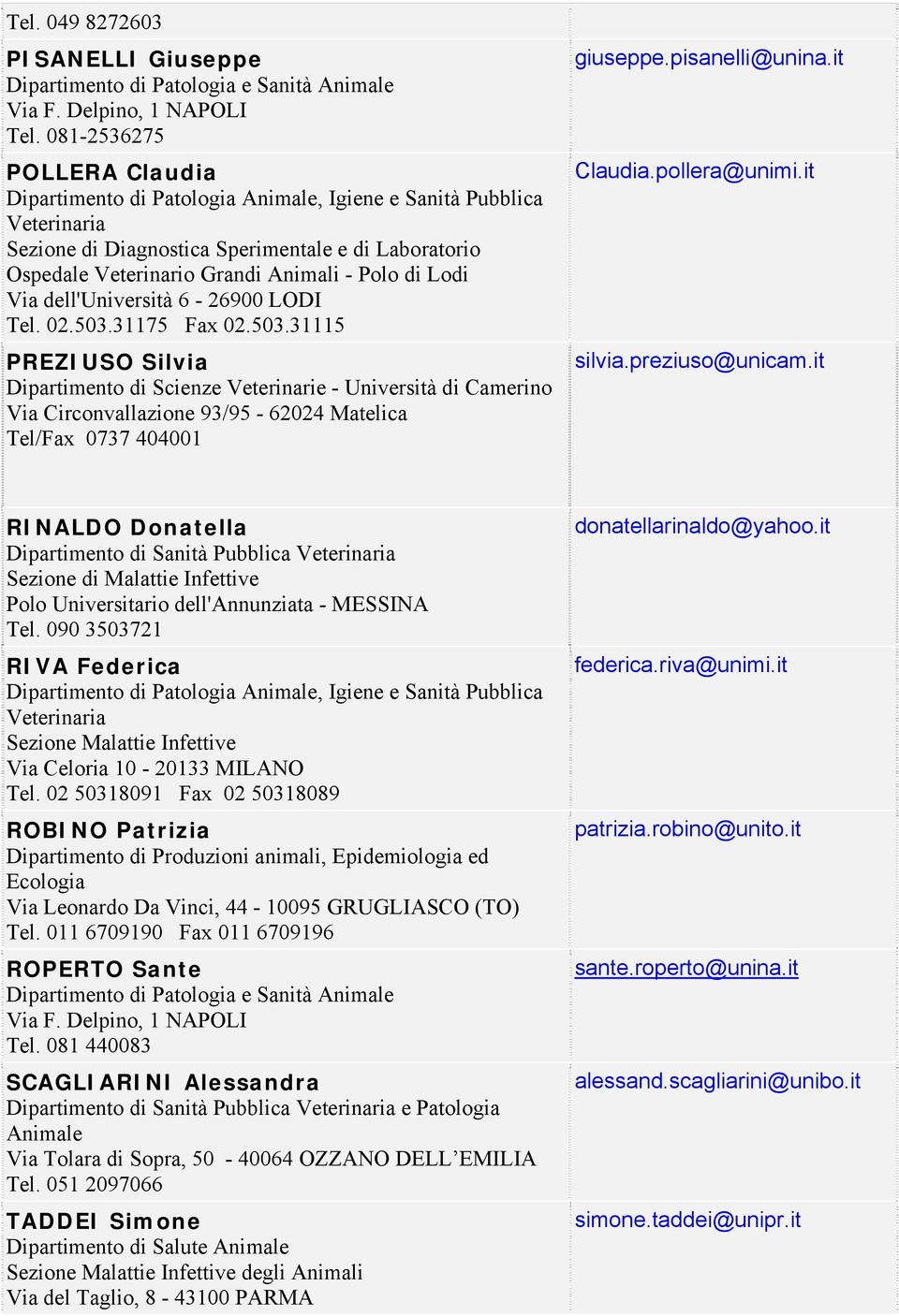 31175 Fax 02.503.31115 PREZIUSO Silvia Dipartimento di Scienze Veterinarie - Università di Camerino Via Circonvallazione 93/95-62024 Matelica Tel/Fax 0737 404001 giuseppe.pisanelli@unina.it Claudia.
