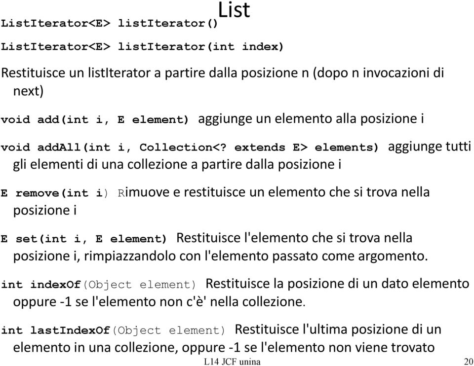 extends E> elements) aggiunge tutti gli elementi di una collezione a partire dalla posizione i E remove(int i) Rimuove e restituisce un elemento che si trova nella posizione i E set(int i, E element)