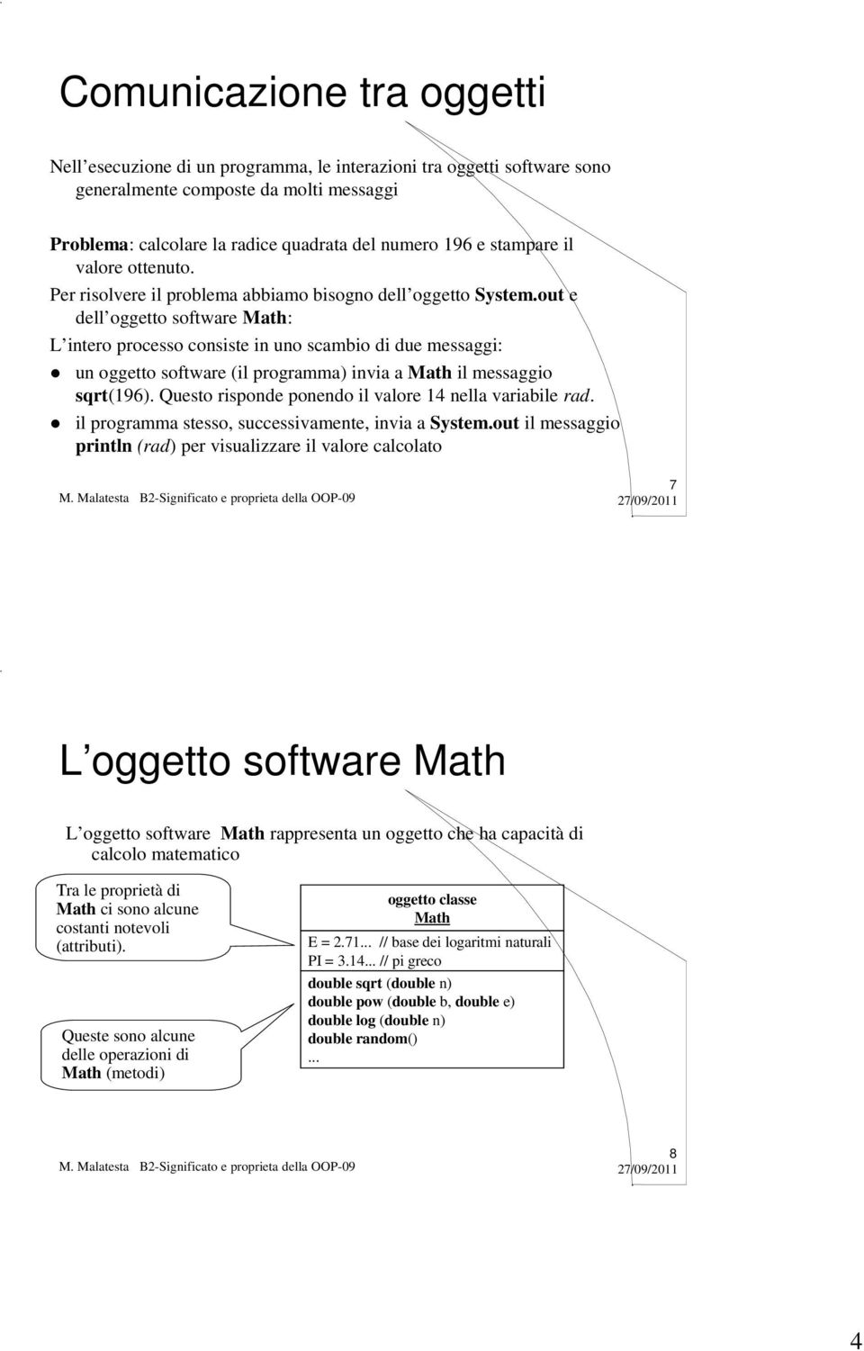 out e dell oggetto software Math: L intero processo consiste in uno scambio di due messaggi: un oggetto software (il programma) invia a Math il messaggio sqrt(196).
