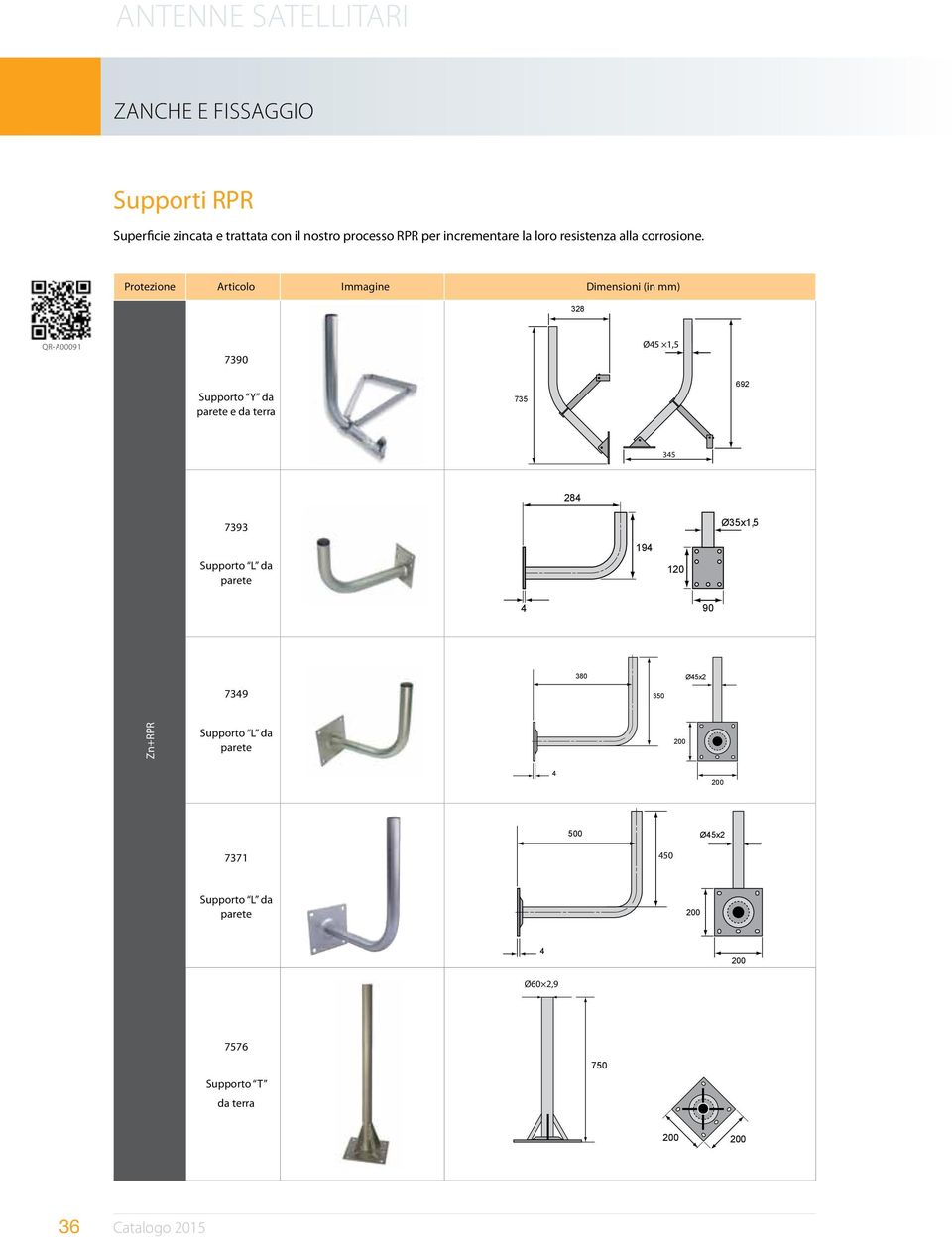 Protezione Articolo Immagine Dimensioni (in mm) 328 QR-A00091 7390 Ø45 1,5 Supporto Y da parete e da terra 735 692 692