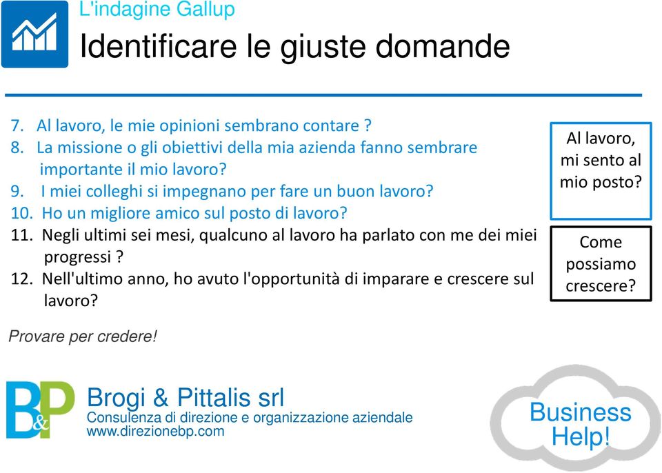 I miei colleghi si impegnano per fare un buon lavoro? 10. Ho un migliore amico sul posto di lavoro? 11.