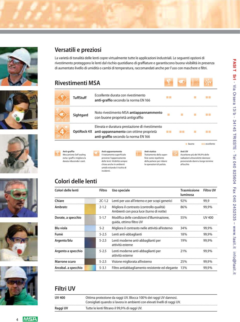 raccomandati anche per l uso con maschere e filtri. Rivestimenti MSA TuffStuff Sightgard OptiRock 4X Anti-graffio Meccanismo Self sealing evita i graffi e migliora la durata riducendo i costi.