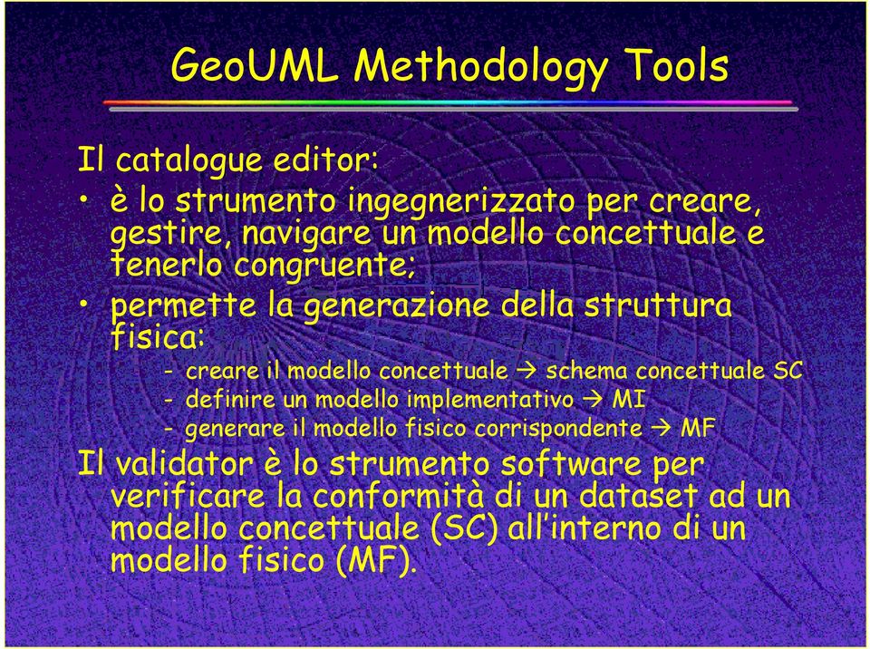 concettuale SC - definire un modello implementativo MI - generare il modello fisico corrispondente MF Il validator è lo