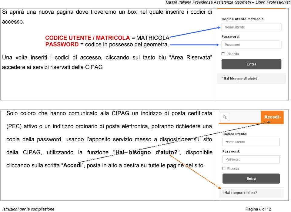 Una volta inseriti i codici di accesso, cliccando sul tasto blu Area Riservata accedere ai servizi riservati della CIPAG Solo coloro che hanno comunicato alla CIPAG un indirizzo di posta certificata