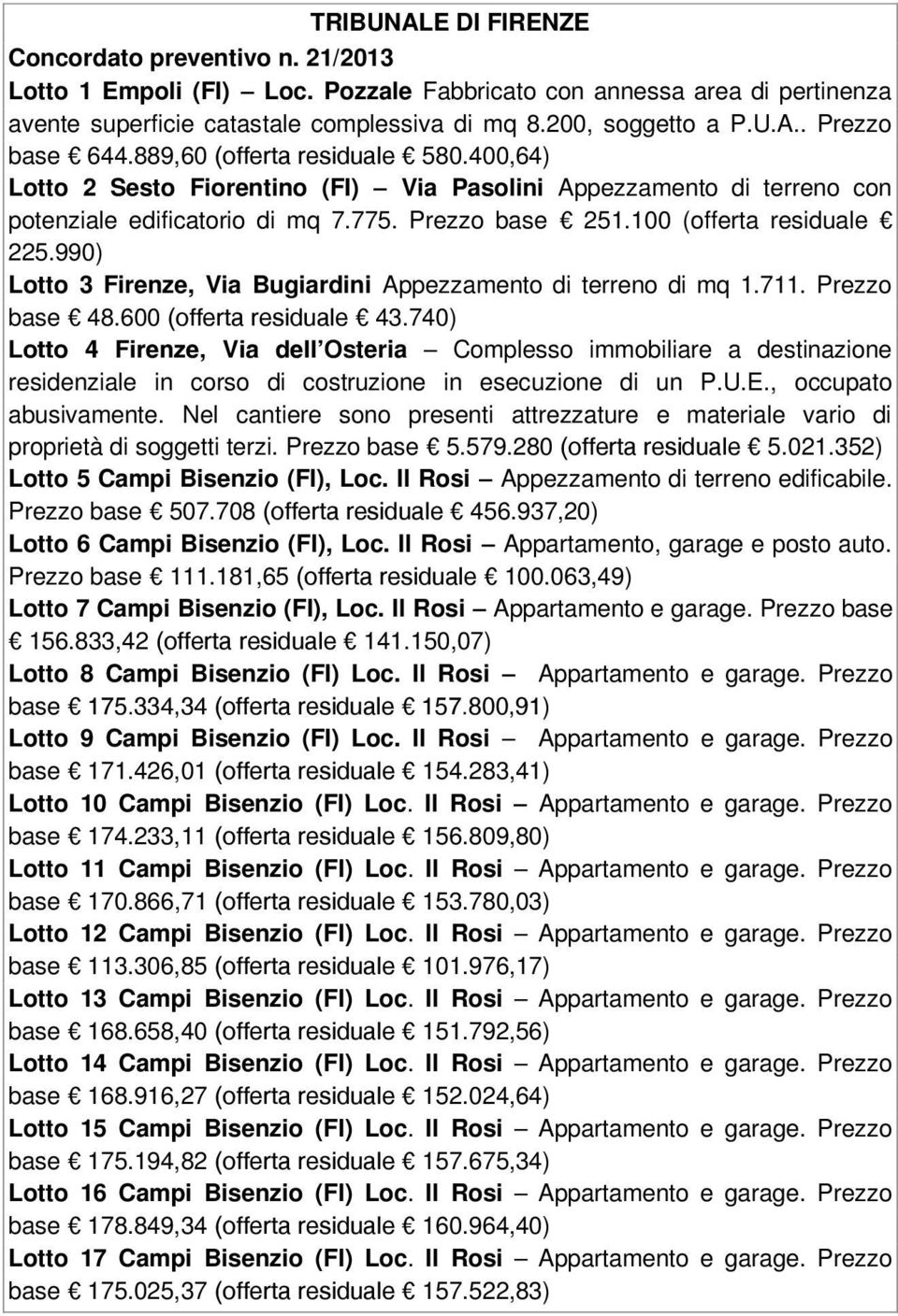 990) Lotto 3 Firenze, Via Bugiardini Appezzamento di terreno di mq 1.711. Prezzo base 48.600 (offerta residuale 43.