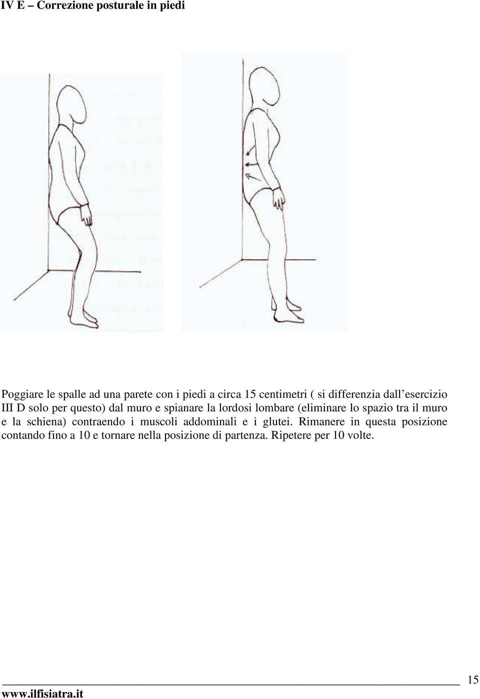 lombare (eliminare lo spazio tra il muro e la schiena) contraendo i muscoli addominali e i glutei.