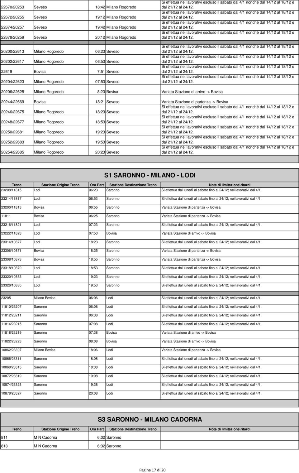 20244/22669 Bovisa 18:21 Seveso Variata Stazione di partenza -> Bovisa 20246/22675 Milano Rogoredo 18:23 Seveso 20248/22677 Milano Rogoredo 18:53 Seveso 20250/22681 Milano Rogoredo 19:23 Seveso