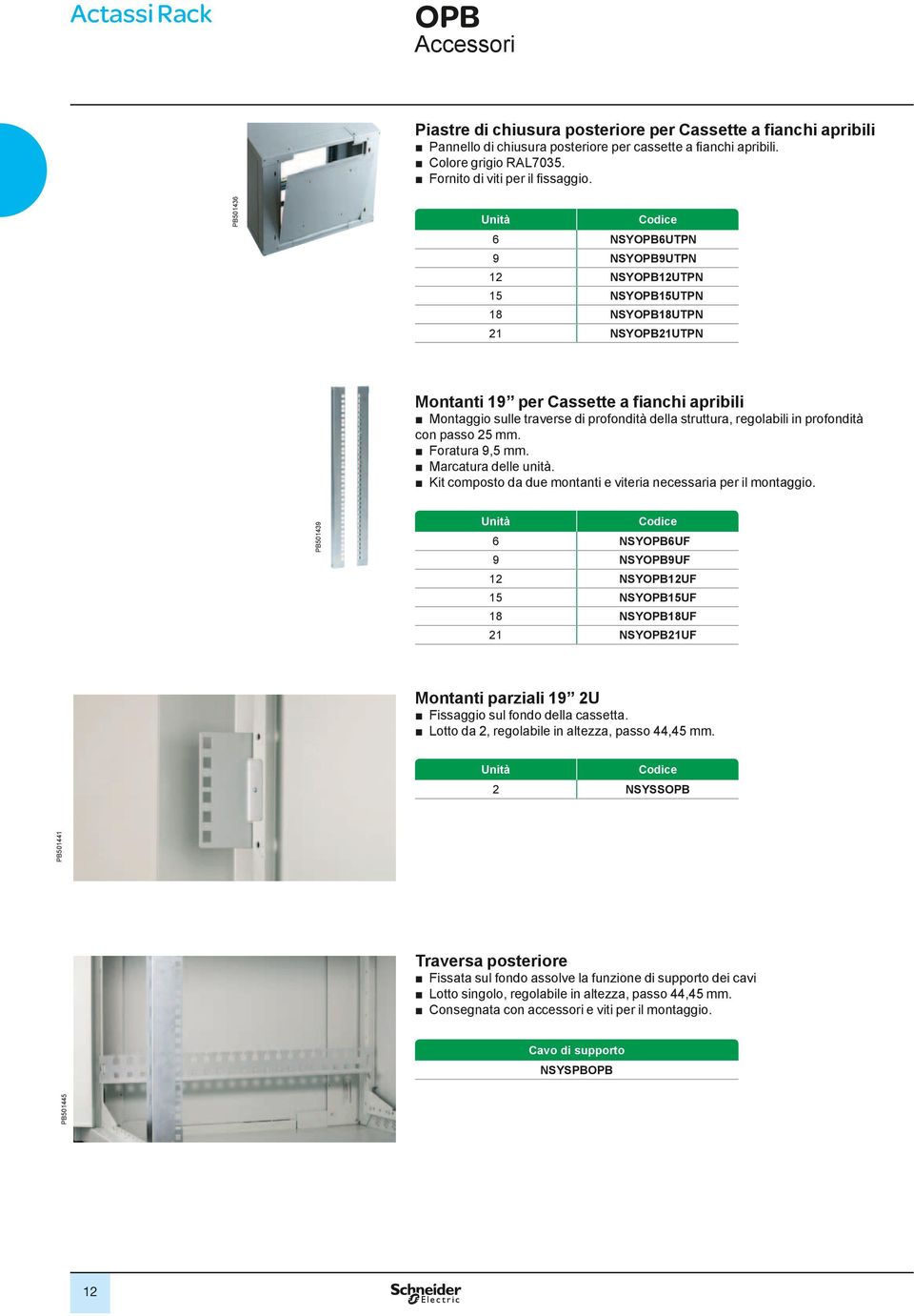 PB501436 Unità 6 NSYOPB6UTPN 9 NSYOPB9UTPN 12 NSYOPB12UTPN 15 NSYOPB15UTPN 18 NSYOPB18UTPN 21 NSYOPB21UTPN Montanti 19 per Cassette a fianchi apribili Montaggio sulle traverse di profondità della