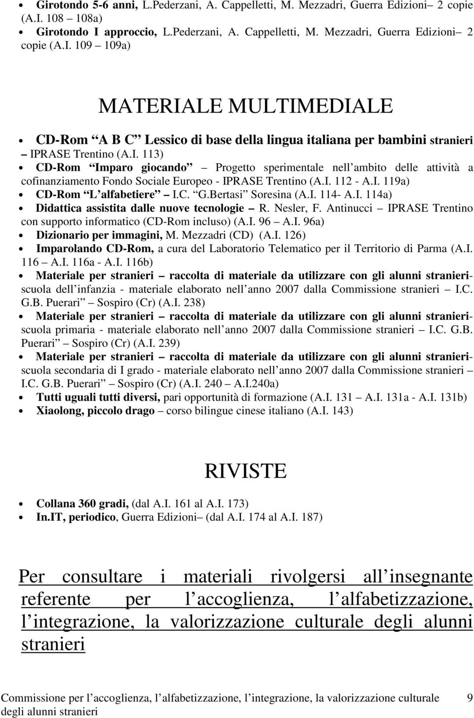 I. 113) CD-Rom Imparo giocando Progetto sperimentale nell ambito delle attività a cofinanziamento Fondo Sociale Europeo - IPRASE Trentino (A.I. 112 - A.I. 119a) CD-Rom L alfabetiere I.C. G.