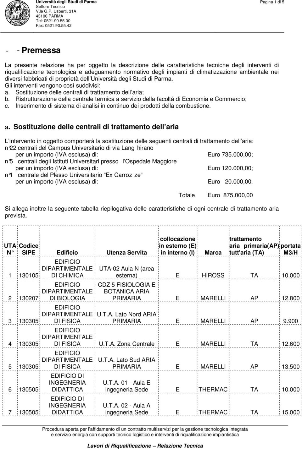 Sostituzione delle centrali di trattamento dell aria; b. Ristrutturazione della centrale termica a servizio della facoltà di Economia e Commercio; c.