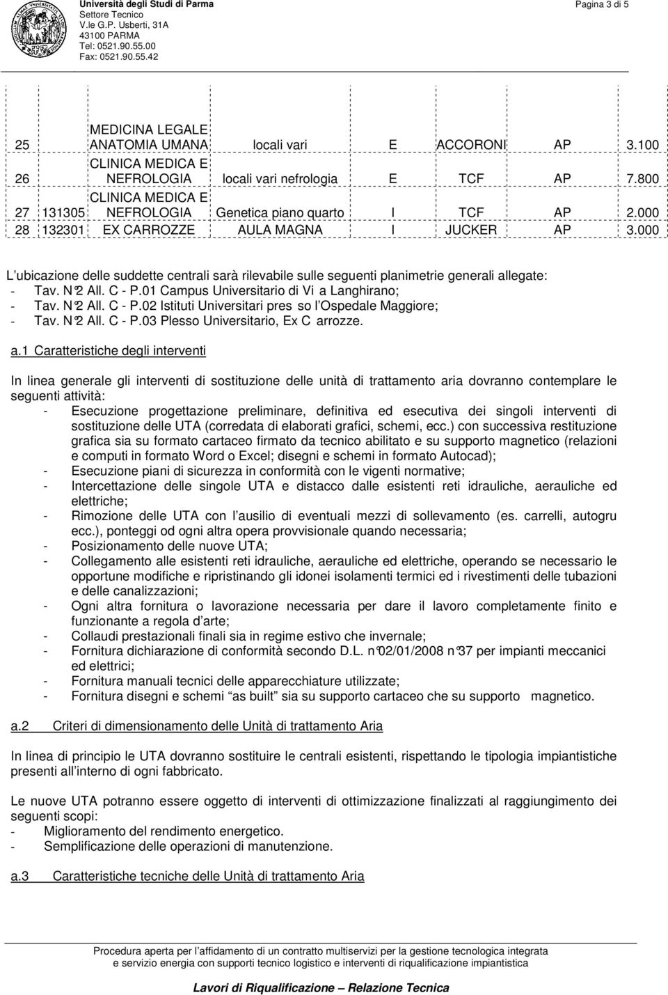 000 L ubicazione delle suddette centrali sarà rilevabile sulle seguenti planimetrie generali allegate: - Tav. N 2 All. C - P.01 Campus Universitario di Vi a Langhirano; - Tav. N 2 All. C - P.02 Istituti Universitari pres so l Ospedale Maggiore; - Tav.