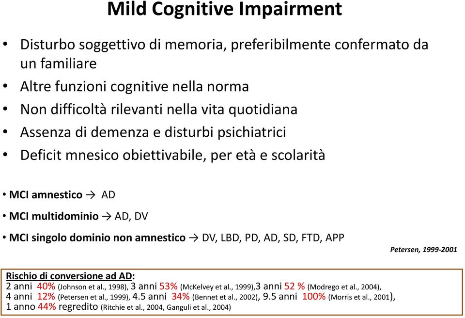 amnestico DV, LBD, PD, AD, SD, FTD, APP Petersen, 1999-2001 Rischio di conversione ad AD: 2 anni 40% (Johnson et al., 1998), 3 anni 53% (McKelvey et al.