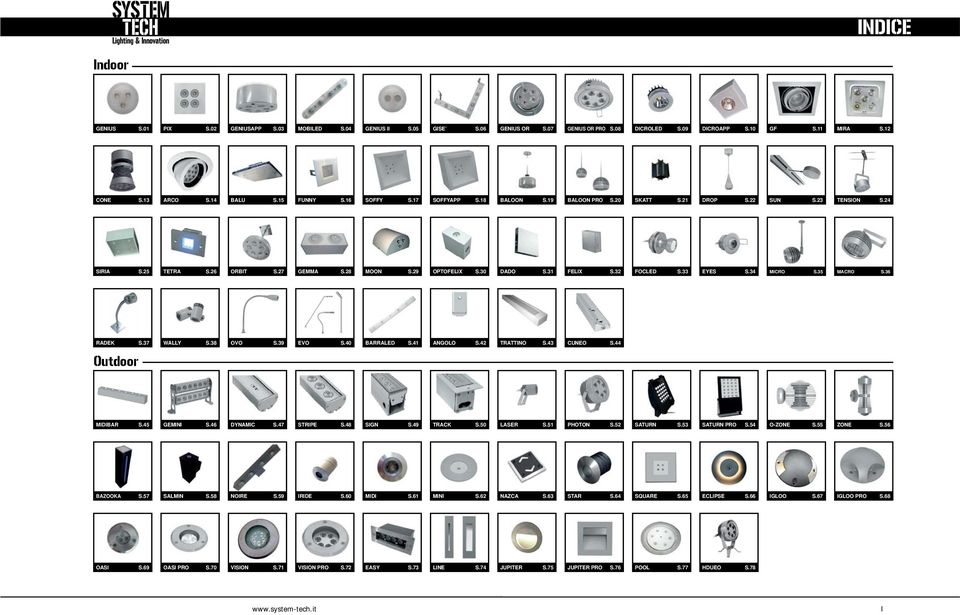 32 FOCLED S.33 EYES S.34 ICRO S.35 ACRO S.36 RADEK S.37 WALLY S.38 OVO S.39 EVO S.40 BARRALED S.41 ANGOLO S.42 TRATTINO S.43 CUNEO S.44 Outdoor IDIBAR S.45 GEINI S.46 DYNAIC S.47 STRIPE S.48 SIGN S.