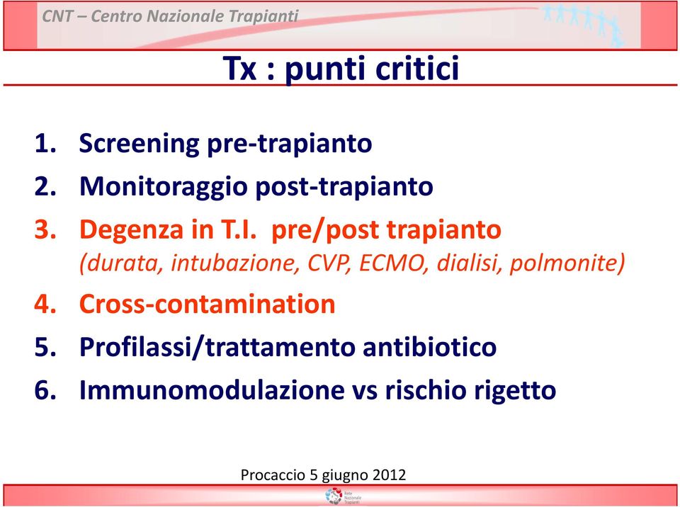pre/post trapianto (durata, intubazione, CVP, ECMO, dialisi, polmonite) 4.
