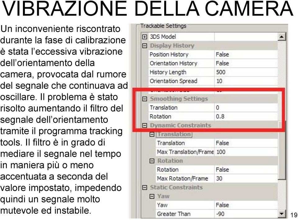 Il problema è stato risolto aumentando il filtro del segnale dell orientamento tramite il programma tracking tools.