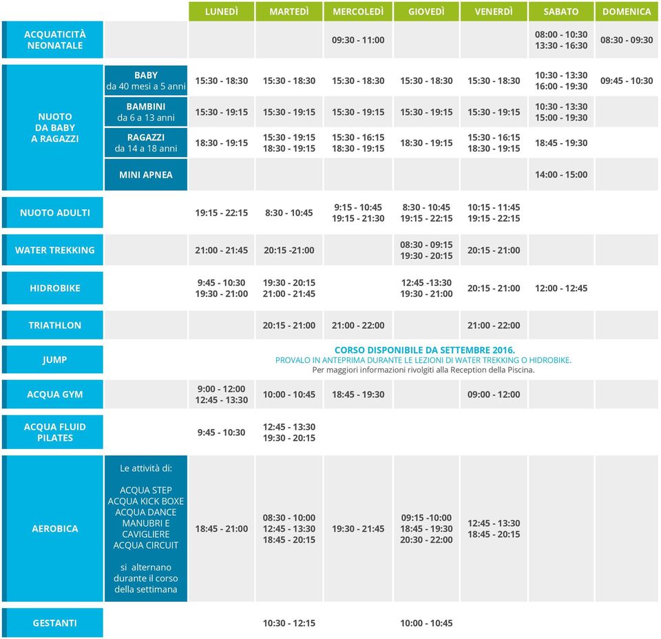 15:30-16:15 15:30-16:15 10:30-13:30 15:00-19:30 18:45-19:30 MINI APNEA 14:00-15:00 NUOTO ADULTI 19:15-22:15 8:30-10:45 9:15-10:45 19:15-21:30 8:30-10:45 19:15-22:15 10:15-11:45 19:15-22:15 WATER